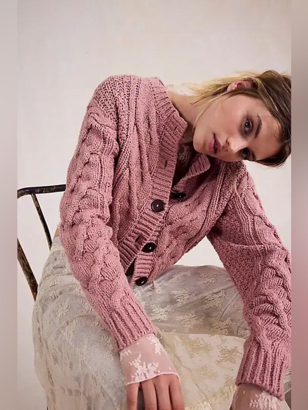 NWT FREE PEOPLE Bonfire Cable Knit Cardi | Cameo Brown MSRP $148 Size M